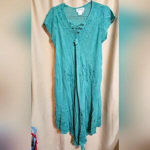 Aqua Green Embroidered Linen Soft Boho Summer Flowy Dress With Pockets OS